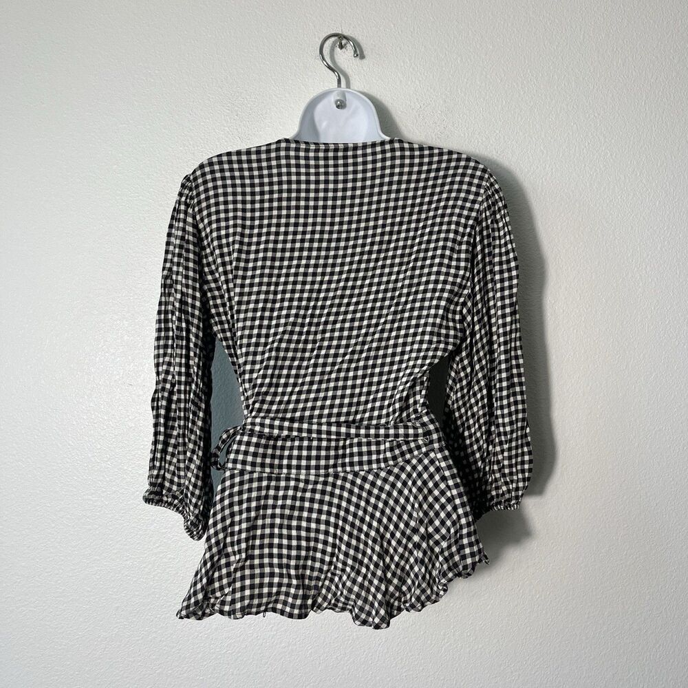 Ganni Gingham Wrap Top Balloon Sleeve Black White Blouse Women’s Size EU 38/US 6 - Picture 7 of 9